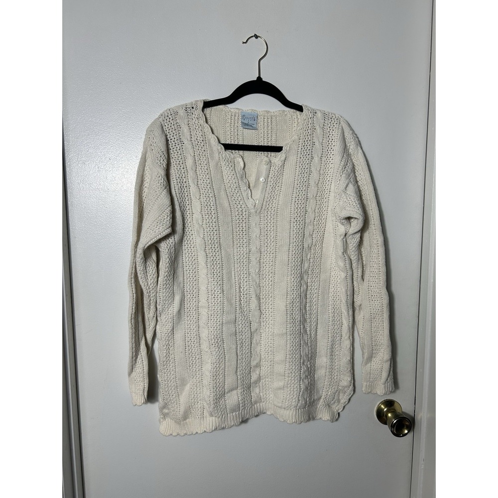 Vintage Cascade‎ Blues Cream Ramie Cotton Cable Knit Henley Sweater - Med
